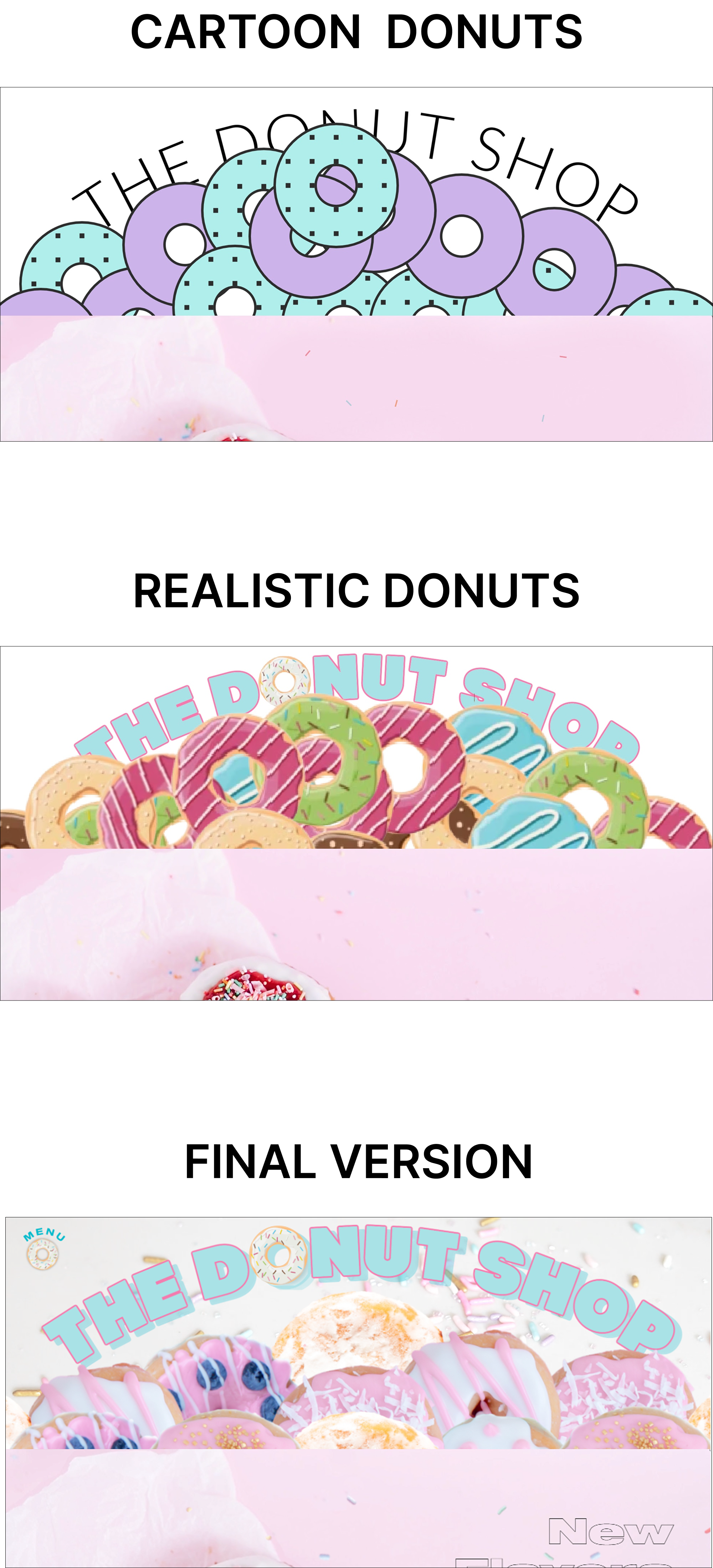 Various iterations of The Donut Shop's Home hero section