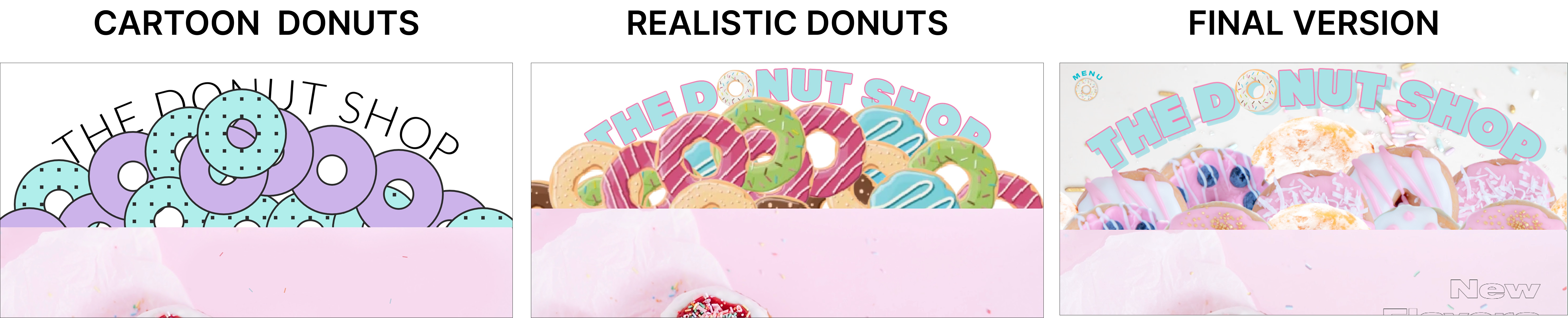 Various iterations of The Donut Shop's Home hero section
