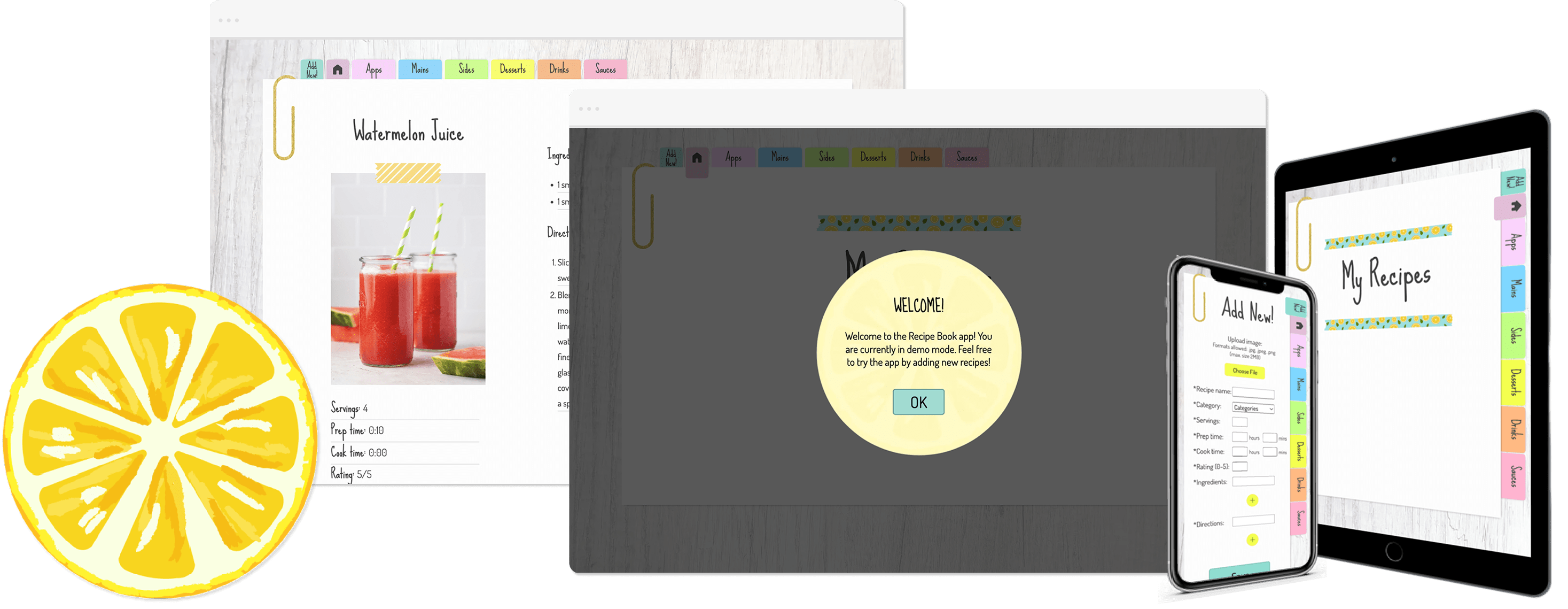Various screen displays of the Recipe Book project