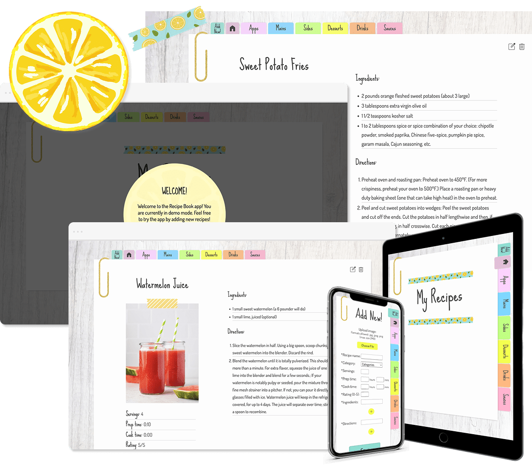 Various screen displays of the Recipe Book project