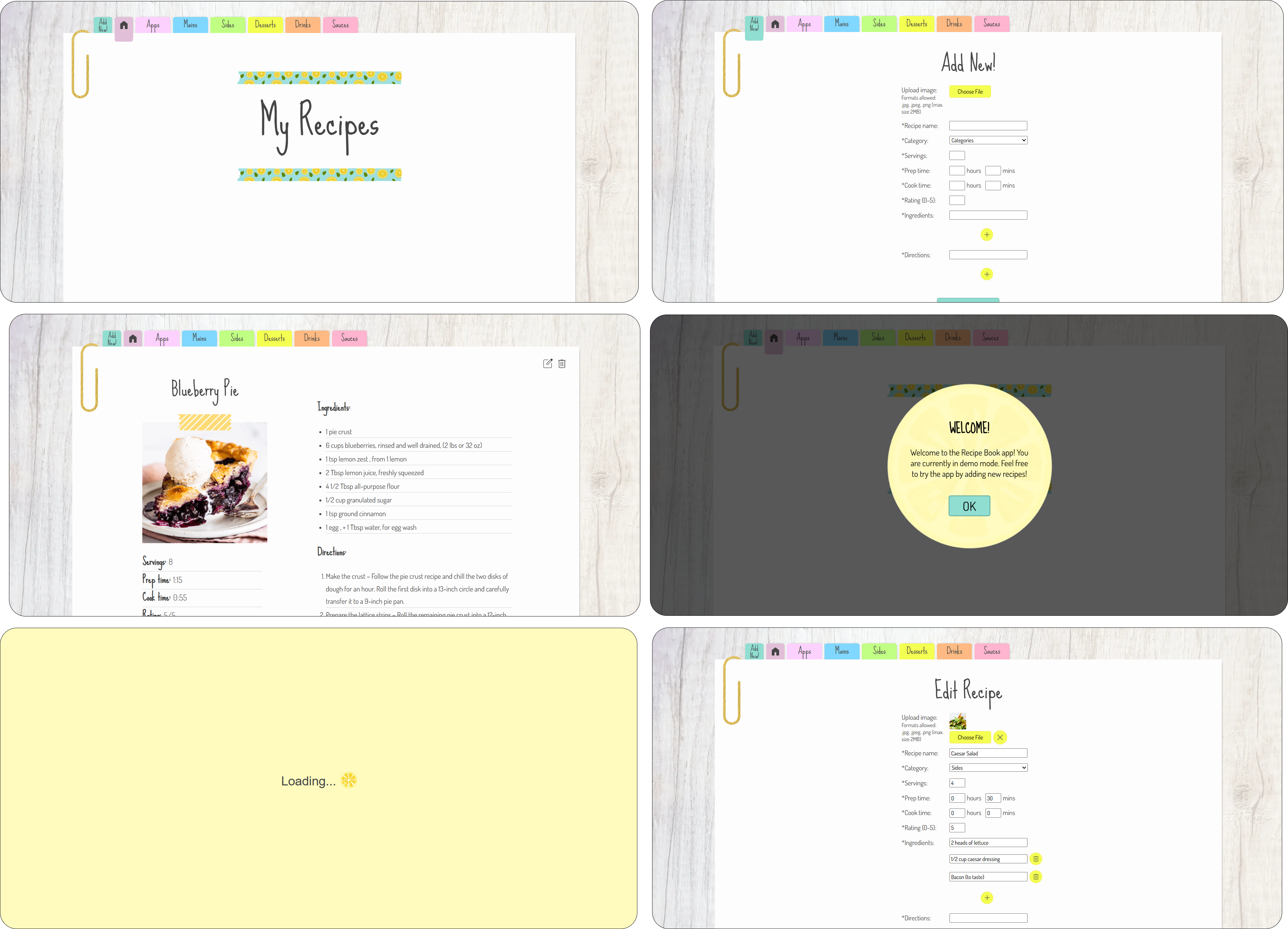 Screenshots of the completed Recipe Book project