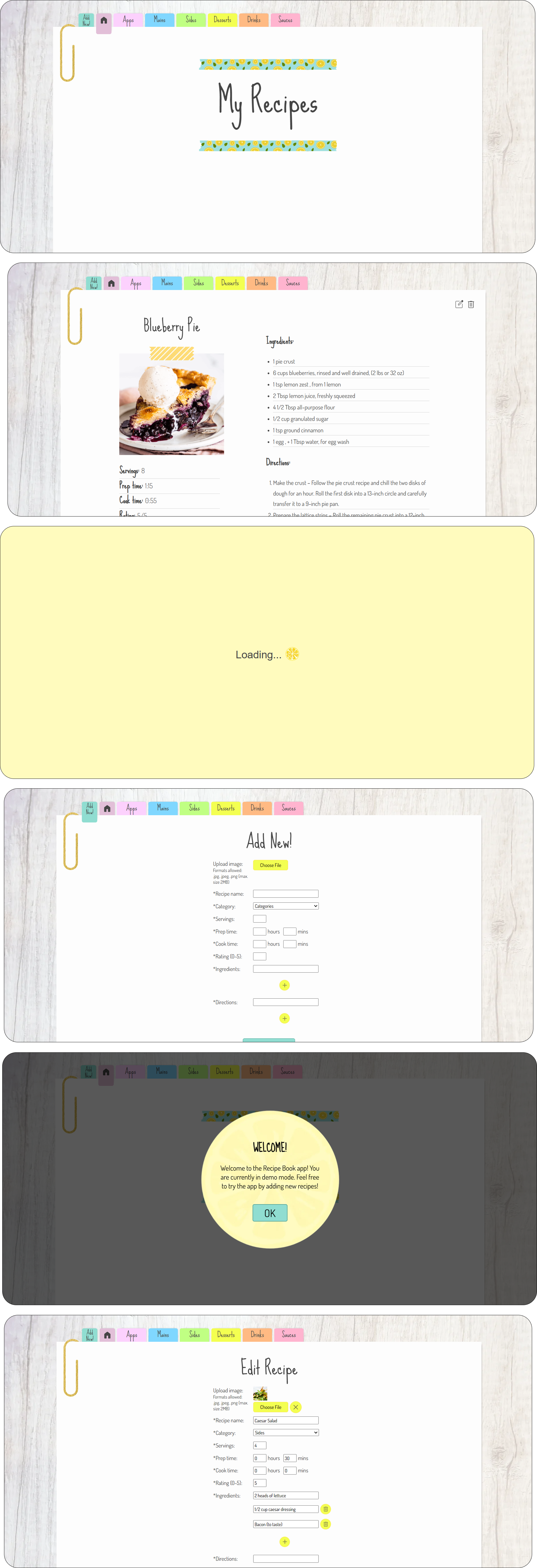Screenshots of the completed Recipe Book project