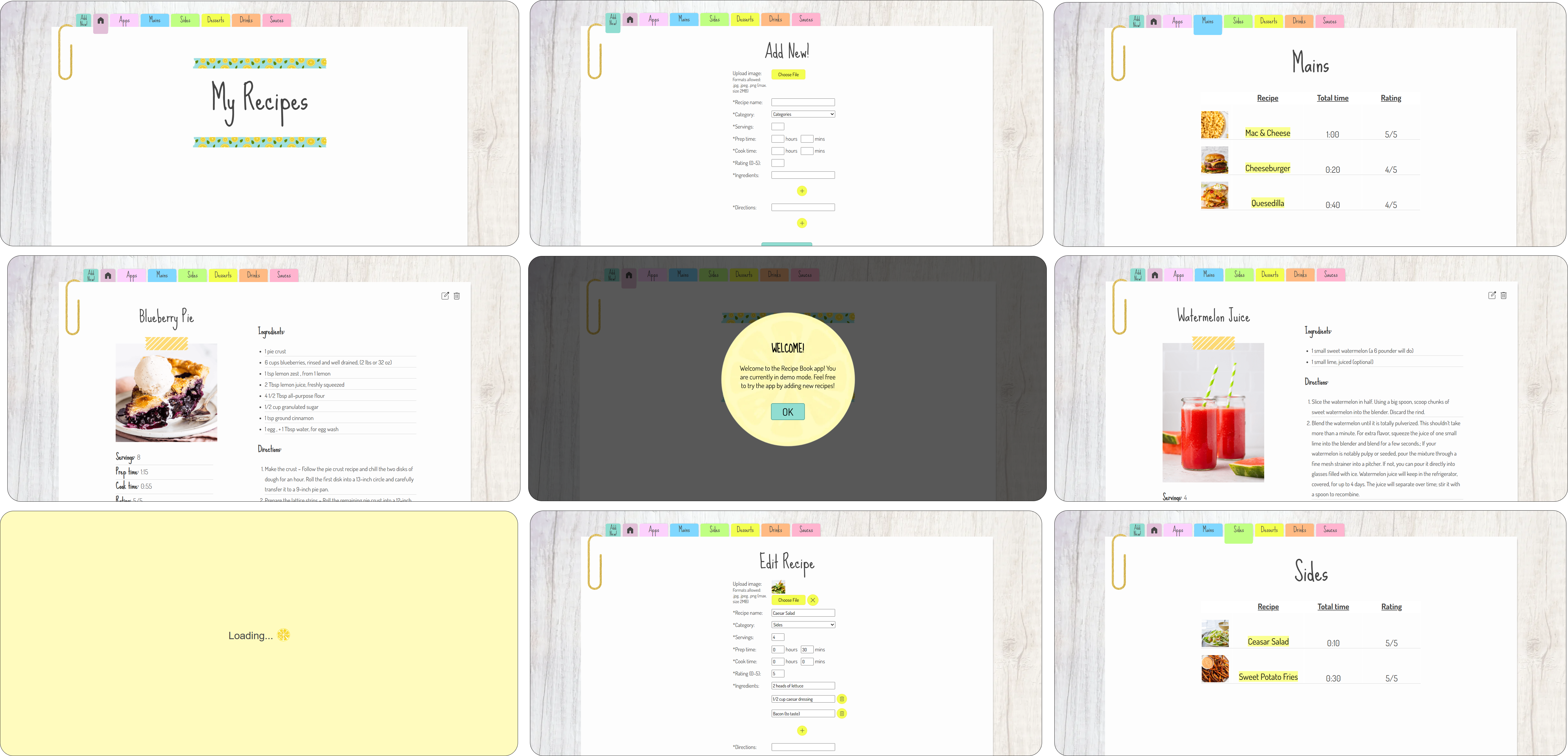 Screenshots of the completed Recipe Book project